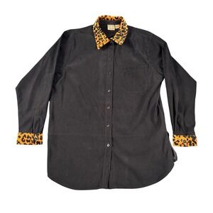 Red Hot Women XL Black Button Down Shirt Leopard Faux Fur Collar Cuffs 90s Style